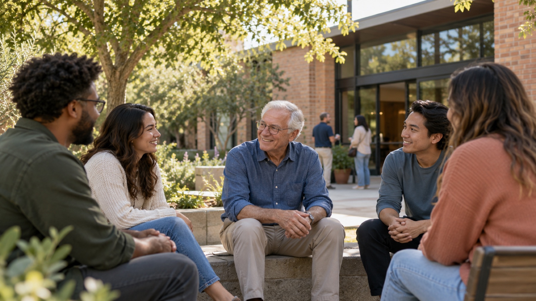 Neighbors of different generations talking together in a church courtyard