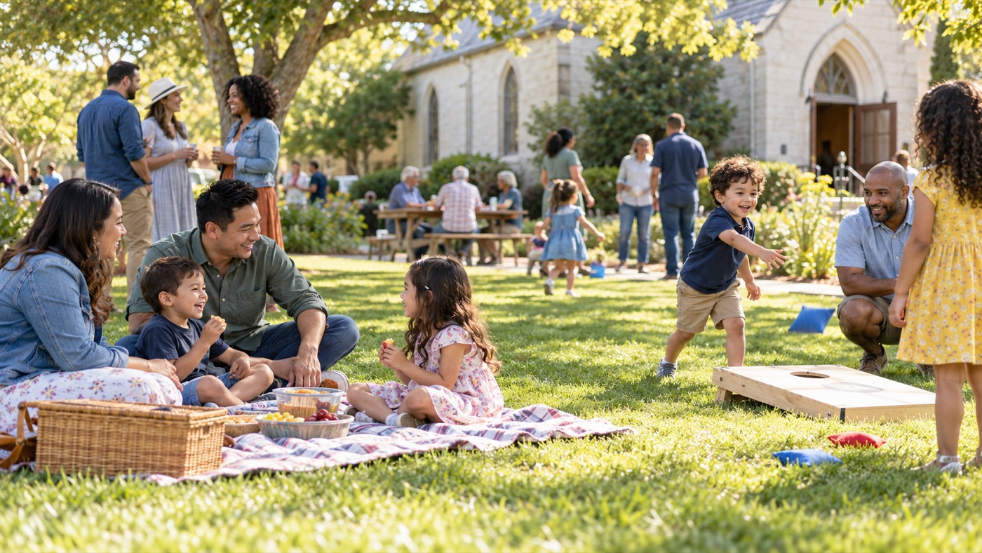 Families enjoying a sunny afternoon together on the church lawn