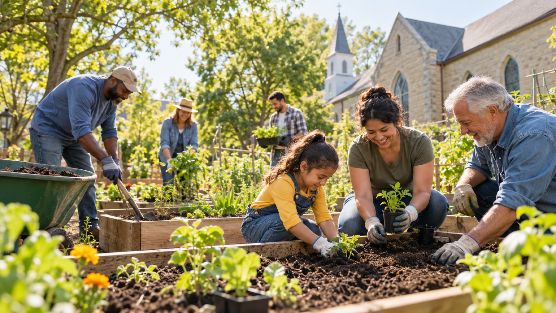 Neighbors and a child planting seedlings in a community garden