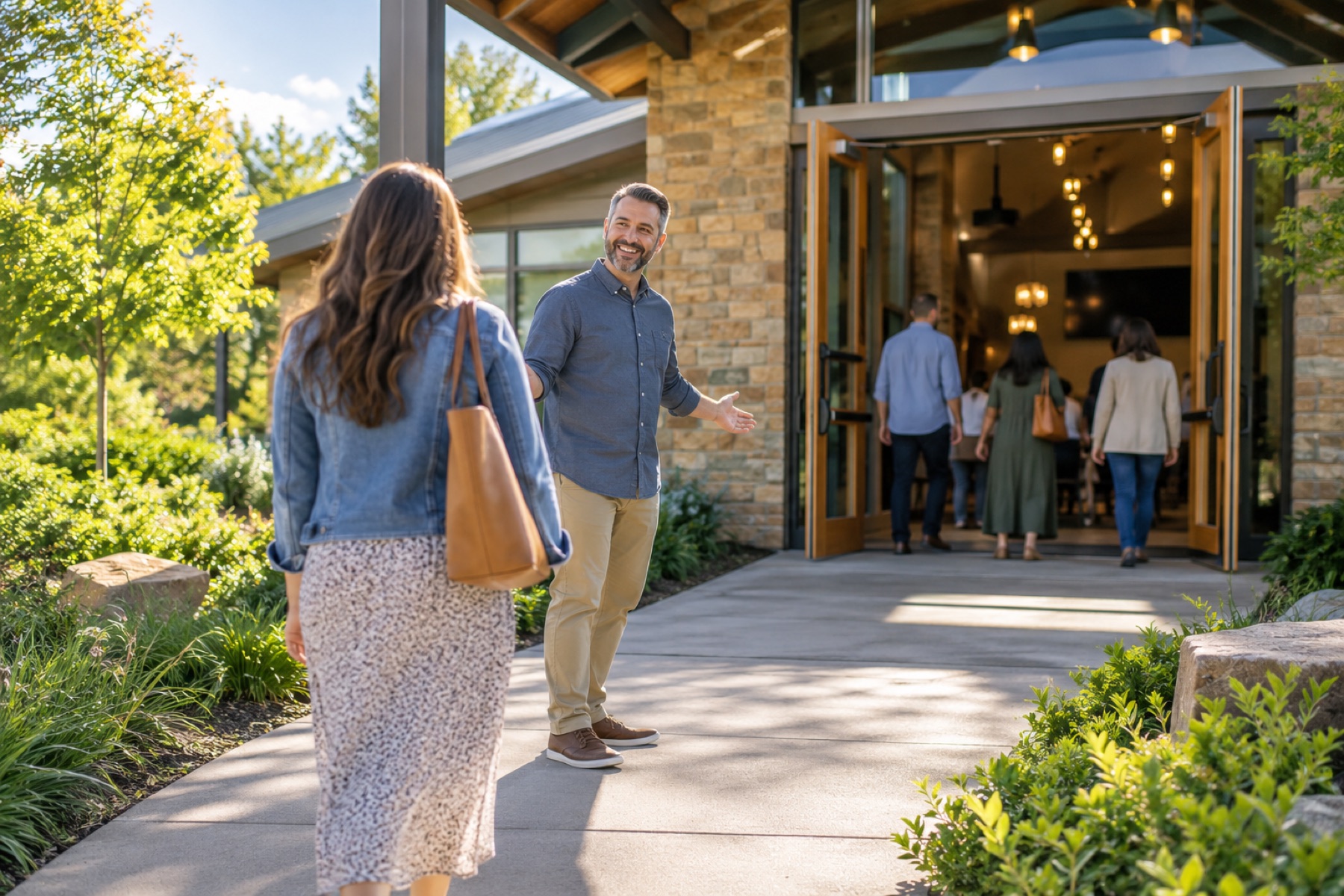 A greeter welcoming a visitor at a church entrance